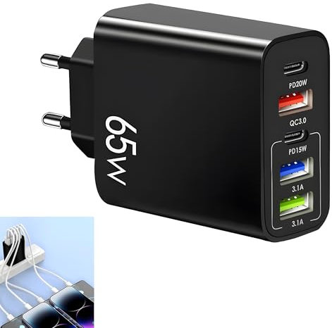Chargeur USB C 65W avec 5 Ports, 3 USB A 2 USB C, Chargeur Rapide Compatible PD, Courant 3,1A, Prise Standard, Noir, pour Smartphone, Tablette, Batterie Externe, Usage Quotidien et Voyage
