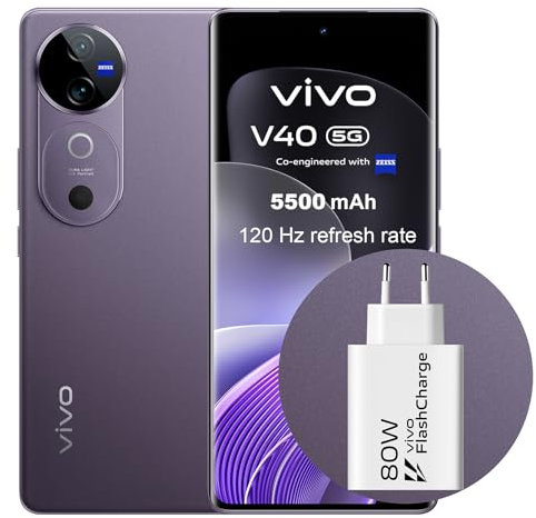 VIVO V40 5G Smartphone 12GB RAM 512GB ROM,120Hz 6.78 AMOLED, 5500mAh Batería,Cámara Principal de ZEISS 50MP,Snapdragon 7 Gen 3, IP68, Dual Sim, NFC, Android 14,Morado(con Cargador 80W)