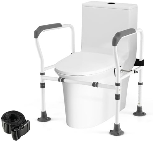 RELAX4LIFE 6-fach höhenverstellbare Aufstehhilfe Toilette WC Aufstehhilfe mit Armlehnen ohne Bohren Toiletten Stützgestell Haltegriff für Bad mit verstellbarer Breite WC-Stützhilfe rutschfest (Grau)