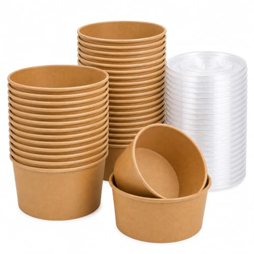 E Greenwize Packaging Kra Paper Salad Bowls with Lids | Disposable Food Containers with Lids, Brown Takeaway Boxes | Microwave & Freezer Safe Lunch Containers, Brown (750 ML, 50, count)