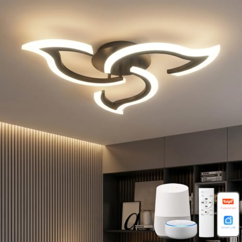 YOLEDY Smart Deckenlampe Alexa Kompatibel, LED Dimmbar mit App & Sprachsteuerung, Moderne Blumen Deckenleuchte mit Fernbedienung für Schlafzimmer, Küche, 2,4GHz WLAN, Schwarz