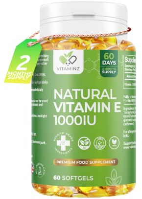 VITAMINZ Natural Vitamin E 1000IU - 60 Days Supply - 1000IU Vegan Softgels