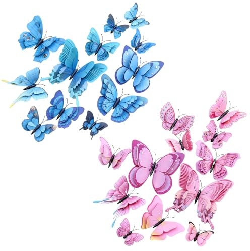 24PCS 3D Butterfly Wall Sticker,Double Layer Butterflies Decals for Walls,3D Butterfly Decorations for Home,Bedroom Accessories,Wedding,Party & Flower Decoration (Pink+Blue)