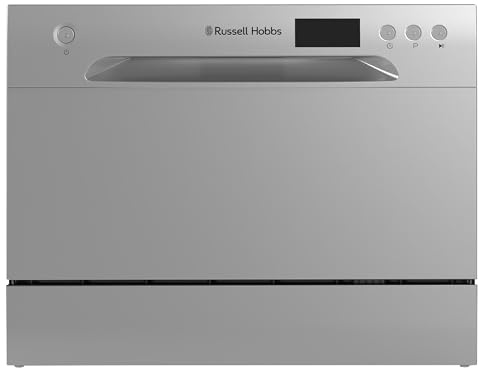 Russell Hobbs Table Top Dishwasher Compact Mini with 6 Place Settings, LED Display, Button Control, 6 Programmes, Portable & Efficient, 24hr Timer, Rinse & Eco Mode in Silver, RH6TTDW0D1S