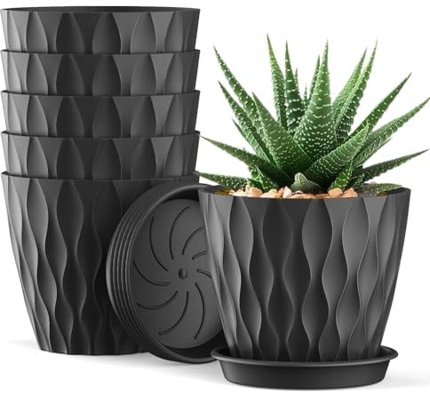 Homeuouz 6er Set Blumentöpfe 10cm – Waffelmuster mit Untersetzer, Plastik mit Löchern, für Sukkulenten, Innen & Outdoor, für Balkon & Garten, Schwarz