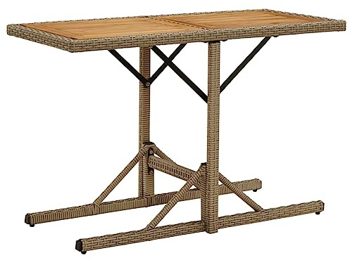 IBUQDDV Gartentisch Beige Massivholz Akazie und Poly Rattan mit Stahlrahmen und Landhaus-Stil für Gartenmöbel und Terrassenausstattung