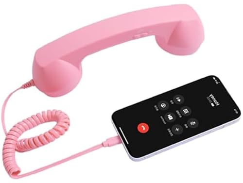 Retro Phone Handset for iPhone & Android, Type-C & Bluetooth Vintage Telephone Receiver with HD Microphone & Speaker, Wired/Wireless Mobile Handset for Clear Calls, Ergonomic Grip (Pink)