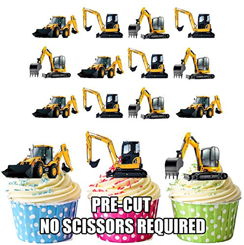 AK Giftshop Construction Vehicles Diggers Cake Decorations - Edible Cup Cake Toppers (Pack of 12)