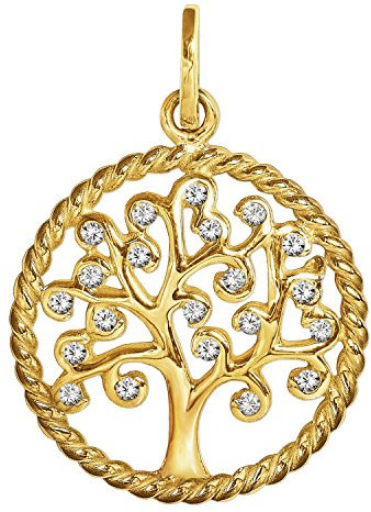 CLEVER SCHMUCK Goldener Baum des Lebens Anhänger Ø 17 mm mit elegant gedrehten Rand glänzend und vielen Zirkonias in weiß 333 Gold 8 Karat für Damen im Schmucketui