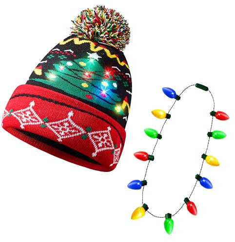 JOYIN LED-beleuchtete gestrickte Weihnachtsmütze mit LED-Leuchtbirnen-Halskette (12 Glühbirnen) für Weihnachten, Feiertage