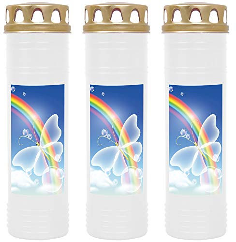 HS Candle Grabkerze - 3er Pack - (Weiß) Grablicht ca. 7 Tage Brenndauer je Kerze - Motiv: Regenbogen 2