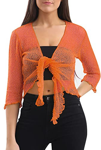 Love My Fashions® Women’s Fish Net Knitted Tie Up Bolero Shrug Top Ladies 3/4 Sleeve One Size Fits All Orange