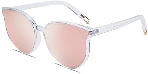 SOJOS Rotondi Occhiali da Sole Donna Moda Vintage Specchiati SJ2057 Montatura trasparente/lente rosa specchiata
