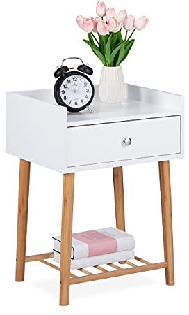 Relaxdays Nachttisch, 2 offene Ablagen, mit Schublade, modern, Schlafzimmer, Nachtschrank, HBT: 55,5x40x35cm, weiß/natur