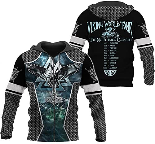 WDBAYXH Norse Mythology Novelty Kapuzenpullover mit Reißverschluss, Valhalla Thors Hammer Odins Rabe Valknut 3D-Druck Pullover, Trainings-Sweatshirt mit Langen Ärmeln, Vintage-Jacke,Zip,4XL