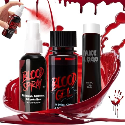 Spooktacular Creations 3 Packs Set de faux sang d'Halloween, Gel de sang, Vaporisateur de sang et tube de sang pour Halloween Costume, Zombie, Maquillage et habillage de Vampire et de Monstre Cosplay