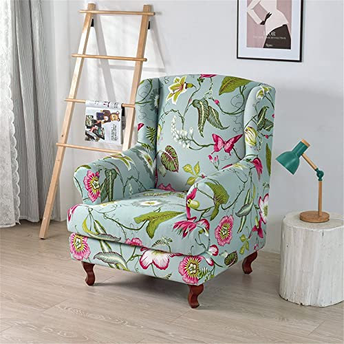 Highdi 2-Teilig Ohrensessel Bezug Sesselbezug Sesselüberwürfe Ohrensessel Überzug Klassisch Muster Stretch Sesselhusse mit Armlehne für Ohrensessel, Relaxsessel, Fernsehsessel (Grüner Frühling)