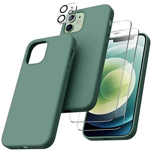 ORNARTO Compatible with iPhone 12 Case, iPhone 12 Pro Case, with 2 x Screen Protector + 2 x Camera Lens Protector, Slim Liquid Silicone 3 Layers Full Covered Soft Gel Rubber Case Cover-Pine Green