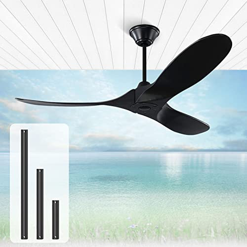 Deckenventilator im Freien, holz deckenventilator ohne beleuchtung, 132cm Deckenventilator mit Fernbedienung ist leistungsstark und leise Es kann in feuchter Umgebung verwendet werden (Schwarz)