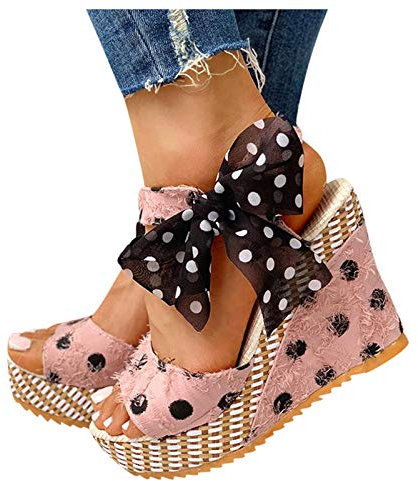 Sandales Plate-Forme Elégant Compensées Talons Hauts Chaussures Sandales Femmes Paille Fête d'été Cheville-Wrap Chaussures Femme Sandales avec Points Poisson Bouche Épais Pantoufles