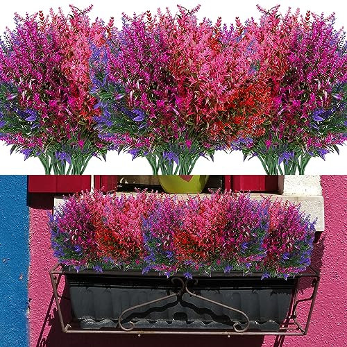 12 Bündel Kunstblumen Balkon 4 Farben Künstliche Blumen Künstliche Balkonpflanzen UV-beständige Lavendel Künstliche Pflanzen Sträucher für Innen Außenbereich Garten Büro Haus Fenster Tischdekoration