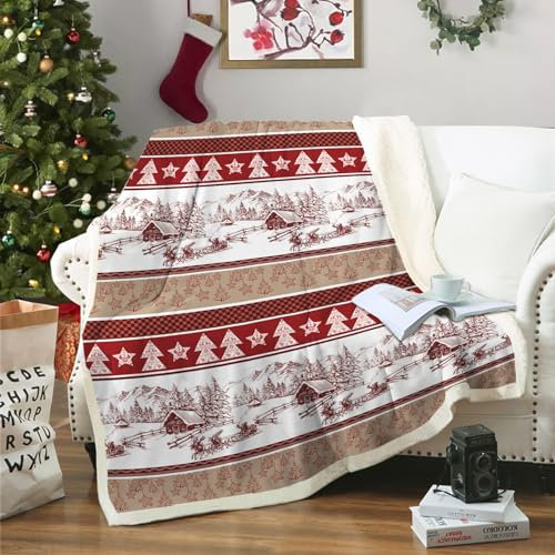 WONGS BEDDING Weihnachts Kuscheldecke 150x200 Sherpa Decke Weihnachtsbaum Fleecedecke Reversibel Sofadecke Couchdecke Weiche Warm Wohndecke als Christmas Geschenk für Sofa Bett