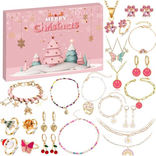 Humairc Adventskalender Schmuck 2024 Adventskalender Schmuck Mädchen Adventskalender Schmuck Damen Weihnachtskalender Schumck Mädchen Halskette Ohrringe Armbänder