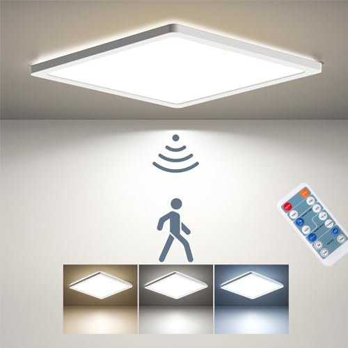 BLNAN LED luz de Techo con Detector de Movimiento de Radar, 24W luz de Techo Plana con Mando a Distancia, Sensor de Movimiento del Panel, Cálido Neutro Blanco frío para Baño, Pasillo, Escaleras, Aseo