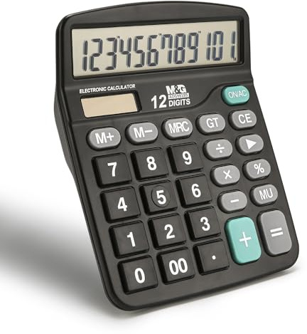 M&G Desk Calculator 12 Digit Office Calculators with Large LCD Display, Dual Solar Power and Battery, Recessed Big Button Calculator for Office Home School (Black)