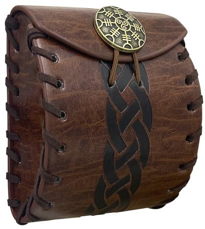 HiiFeuer Mittelalter Mini-Gürteltasche aus Kunstleder, Tragbare Renaissance Gürtelbeutel, Nordisches Portemonnaie Würfelbeutel für LARP Ren Faire (Braun A)