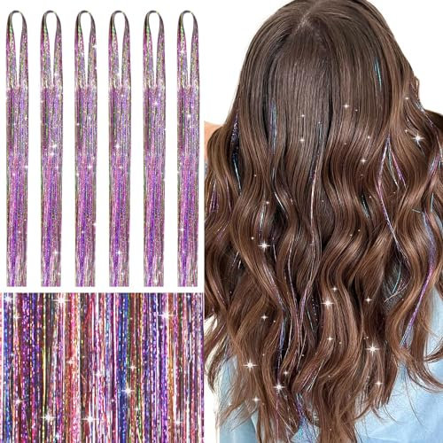 WENNALIFE Hair Tinsel, Regenbogen Farbe 120CM Haar Lametta 1200 Glitzer Haarsträhnen Kit Glitzersträhnen für Haare Festival Party Haar Glitzer Tinsel Hair Fairy Hair für Mädchen