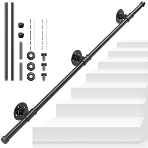 Handrails for Stairs, SenDeluz 1.2M Metal Stair Handrail for Indoor Outdoor Wall Mounted Handrail Non-Slip Galvanized Iron Industrial Pipe Stair Rail for Wear-Resistant, Corrosion-Resistant