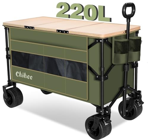Chihee All'aperto Carrello da spiaggia,Carrello da spiaggia pieghevole Grande capacità 220L,Portatile Carro Ruote per tutti i terreni con tasca sovradimensionata 1 tavolo pieghevole 2 portabevande