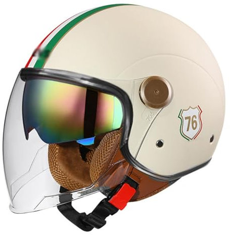 Demi-Casque De Moto Homologué ECE Adultes Scooter Casques De Moto Bols pour Homme Et Femme avec Anti Scratch Visiere Double Visière Vintage Ouvert Casque Jet Moto 12,XL:61-62CM