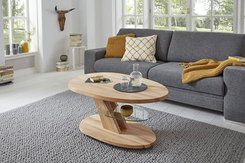 designimpex Vierhaus Couchtisch Kernbuche geölt Massivholz Glas Höhenverstellbar Rollen 4328-KBUX