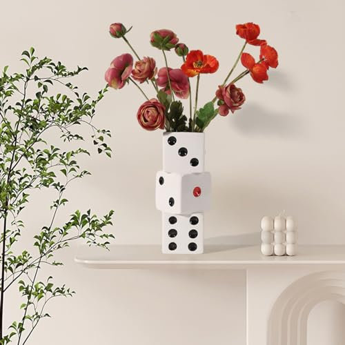 XMMEIMK Würfelvase, weiße Keramikvase für Heimdekoration, 20,3 cm, einzigartige Blumenvase, schwarz-weiße Tafelaufsätze für Tische