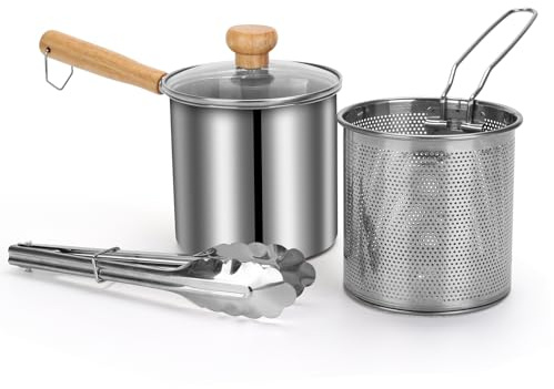 Kleine Fritteuse mit Korb und Deckel, Mini-Edelstahl-Suppentopf, Ramen-Kochen, Multi-Kocher für eine oder zwei Personen, 1,3 l, Silber