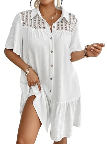 Bsubseach Beach Cover Ups for Women Lapel Collar Button Down Swim Shirt Dress White XL