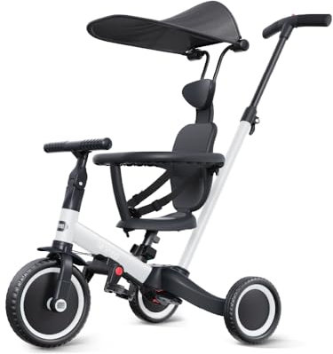 newyoo 6 in 1 Dreirad für Kleinkinder 1-3 Jahre, Laufrad mit Schubstange, Geburtstags Spielzeug für Jungen und Mädchen, Baby-Dreirad mit Sonnendach, TR009, weiß