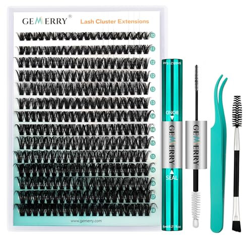 GEMERRY Einzelwimpern-Set 60D Cluster Wimpern 0.07 D Crul 10–18mm Clusters Einzelne Wimpern Wimpernkleber und Applikator DIY Cluster-Wimpernverlängerungs-Set(60D-0.07D-10-18mm-Set)