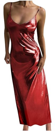 Generisch Damen Sommer V-Ausschnitt Strap Sexy ärmellose Party Club Cocktailkleid Elegant Off Shoulder Lange Abend Neck Maxi (Rot,XXL)