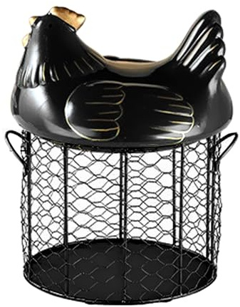Metal Wire Chicken Egg Basket Fresh Egg Holder with Ceramic Chicken Lid Egg Collection Basket Farmhouse Countertop Egg Holder Container Kitchen Supplies(Black)