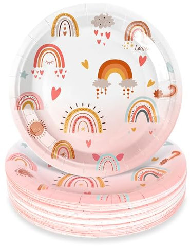 Homirty 50 Piezas Platos de Fiesta Arcoíris, Platos de Papel Rosa, Vajilla Carton Cumpleaños, Vajilla de Fiesta Rosa, Platos Carton 18 cm, Redondos, para Cumpleaños, Boda, Aniversario, Fiesta