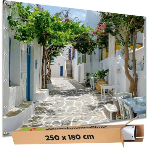 TRIOSK Sichtschutz Garten Deko Zaun Plane Blickdicht groß mit Zaunblende Motiv Dorfgasse Naoussa Griechenland für Zaunelement Doppelstabmatten Stabmattenzaun Gartenzaun PVC 250x180 cm