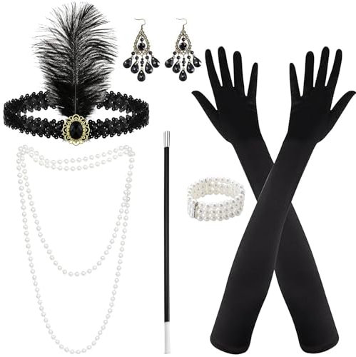 6 Teiliges 20er Jahre Accessoires, 20er Jahre Kostüm Damen 1920 Zubehör Set, Stirnband Handschuhen Perlenkette Ohrringen Armband Accessoires Perfekte für 20er Jahre Kostüm Damen, Karneval, Halloween