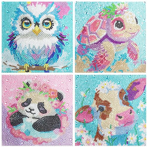 WEXFFU 5D Diamond Painting Kinder 4 Stück Tier Diamond Painting Set,Diamond Painting Bilder Diy,Cartoon Diamant Painting Bilder Kunsthandwerk House Wall Dekoration 15x15 cm