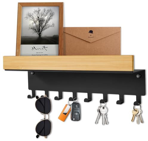 TINIFO Schlüsselbrett Holz mit Ablage – Schlüsselhalter Wand Schwarz, Modern Schlüsselablage mit 8 Haken für Flur Küche, Eingangsbereich