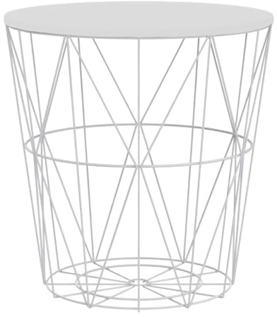 Round Side Table Wire Metal Storage Basket Modern Tea Nest Table with Removable Wood Top for Hallway, Living Room, Bedroom, or Office Decor Sidetable (White with White Lid, Small)