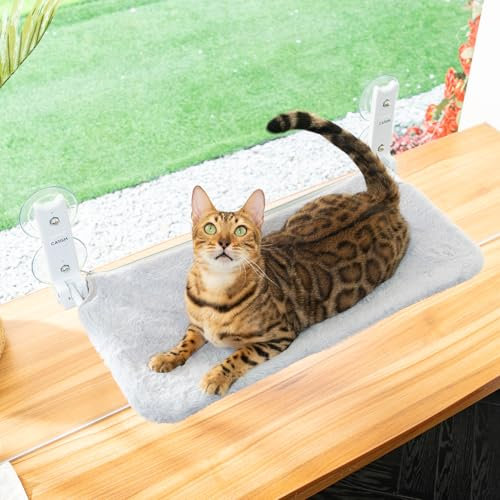 CATISM Large Cat Window Bed - Foldable Hanging Cat Window Hammock - Windowsill Seat for Large Cats Shelf with Strong Suction Cups Kitty Lounger Reversible Cover Hold Up to 18kg(Grey)