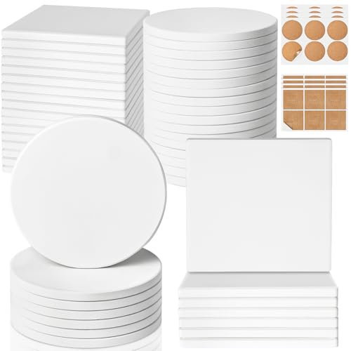 Ceramic Tiles for Crafts, GOH DODD 48 Pack Unglazed Blank Coasters Paint Your Own Coasters White Tiles with 48 Cork Backings for Alcohol Ink, Painting, Acrylic Pouring, DIY, Art Projects, 4 Inch